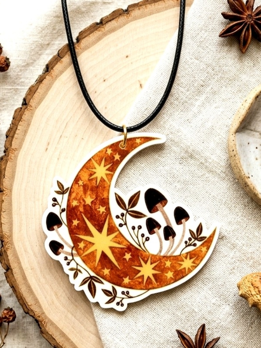 Enchanted Mystical Floral Mushroom Woodland Forest Moon Hippie Pendant Necklace